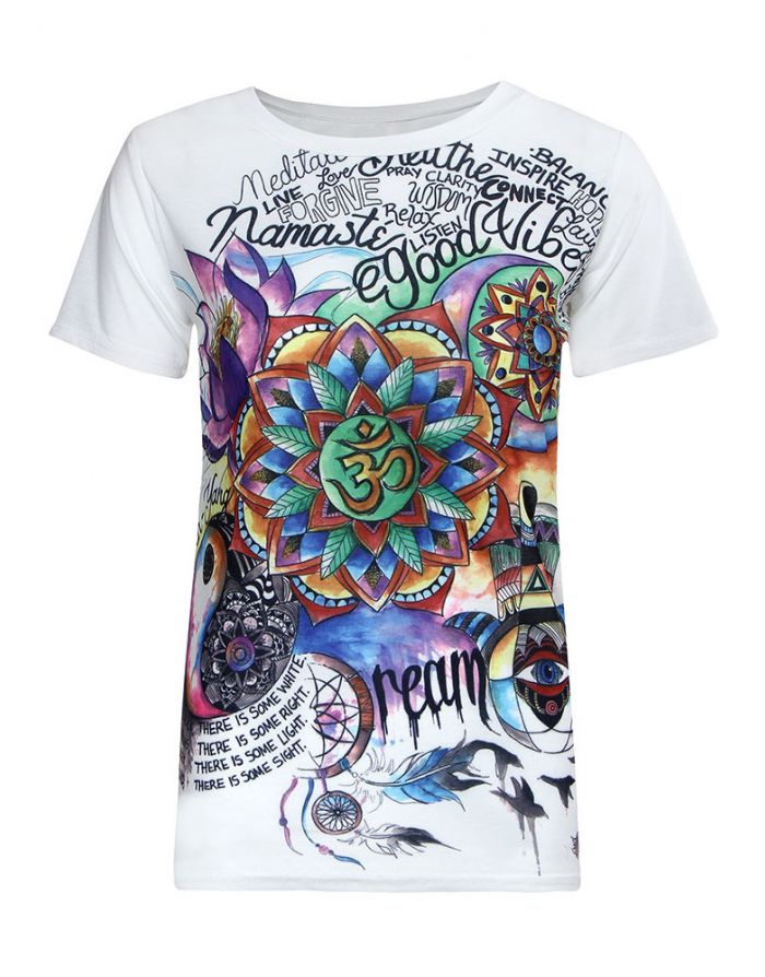 Women Casual Letter Flower Printed White Short Sleeves Cotton T-shirt